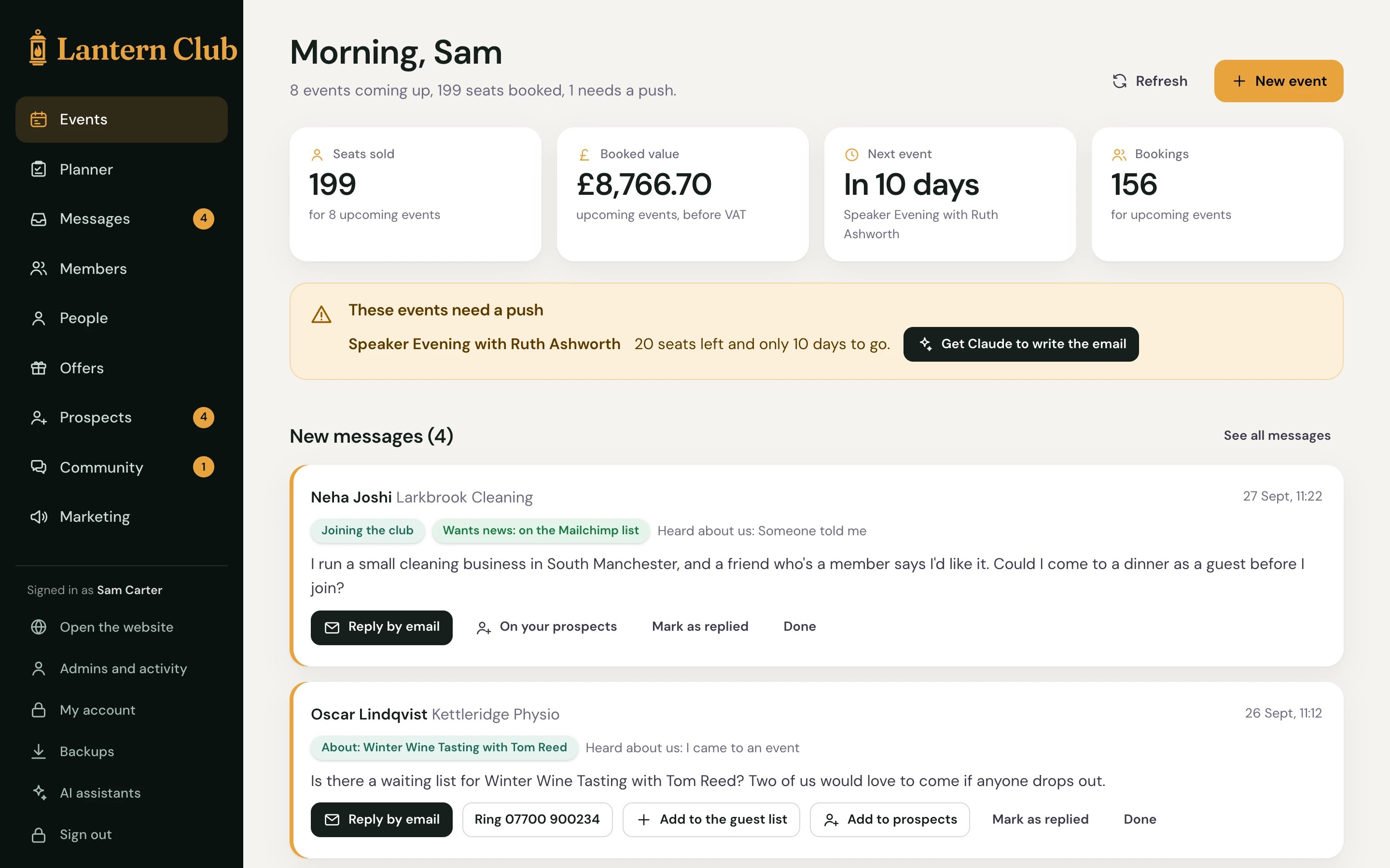 The organiser’s dashboard: seats sold and takings for upcoming events, an event that needs a push, and new messages to reply to