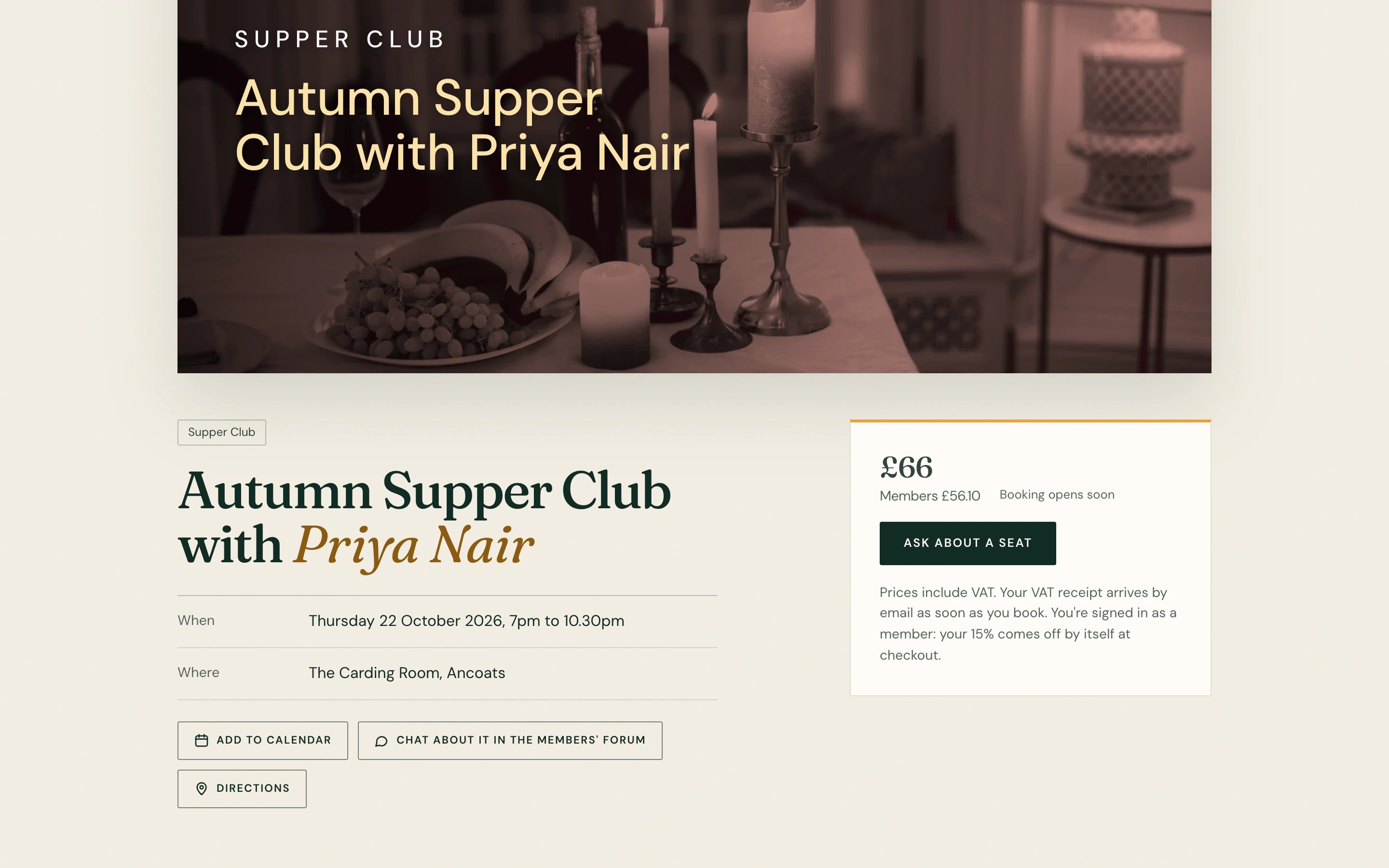 An event page on The Lantern Club’s website, with the date, the venue, the price and the member price