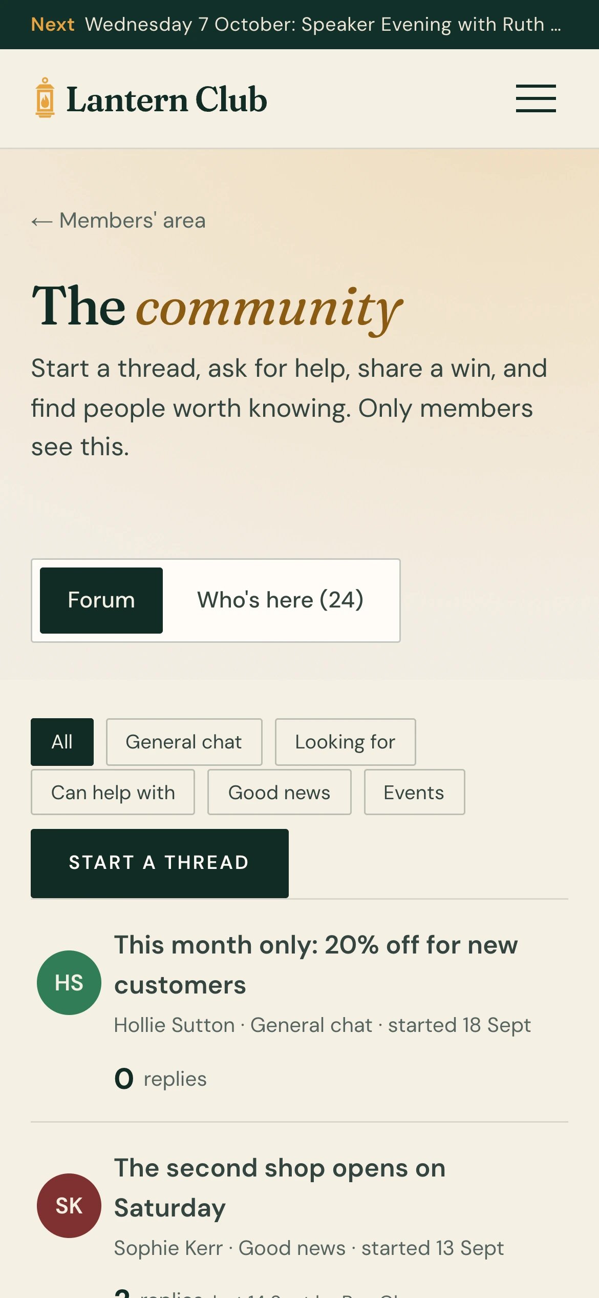 The members’ forum on a phone, with threads for asks, offers and good news