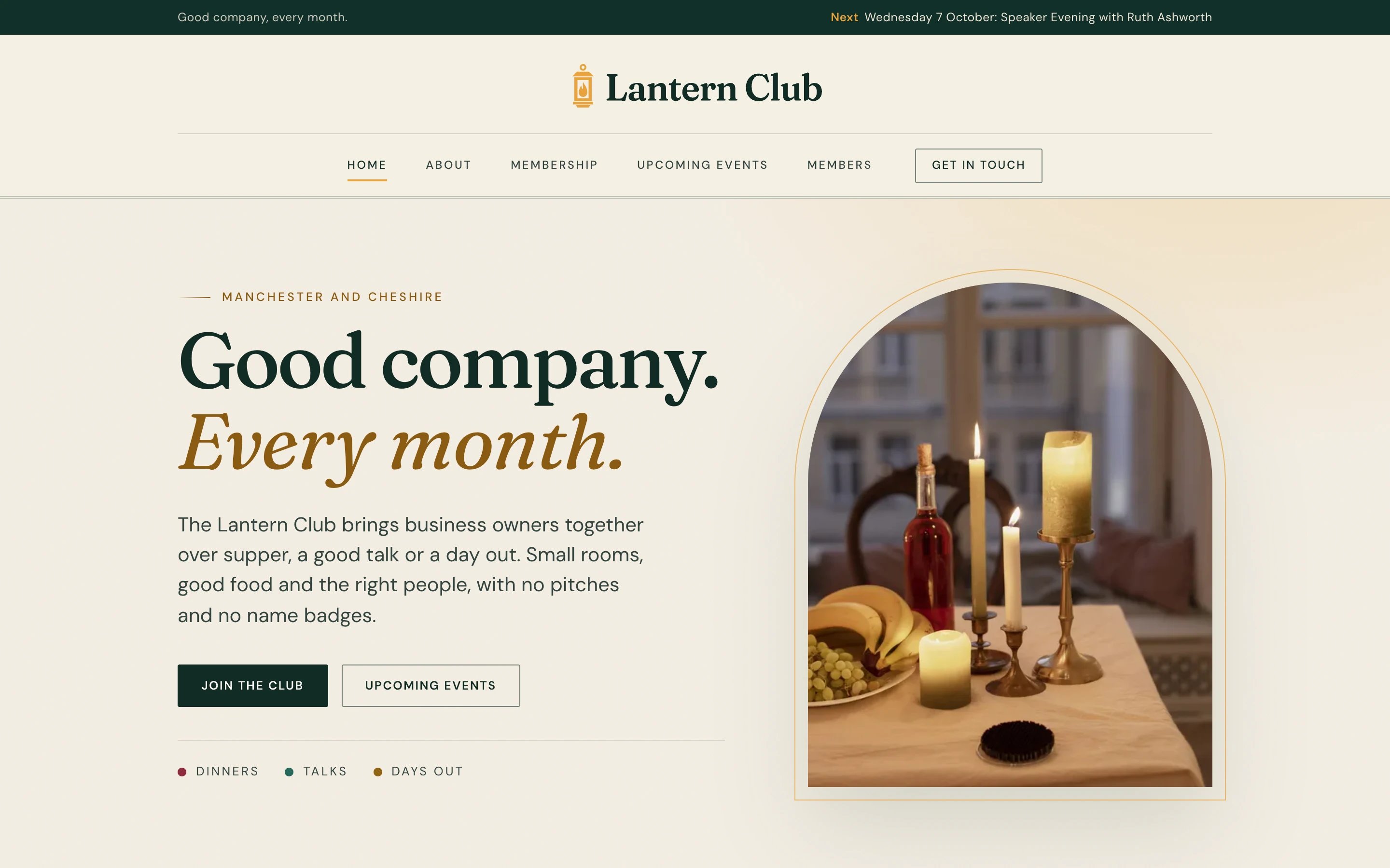 The Lantern Club’s home page, in the club’s own colours