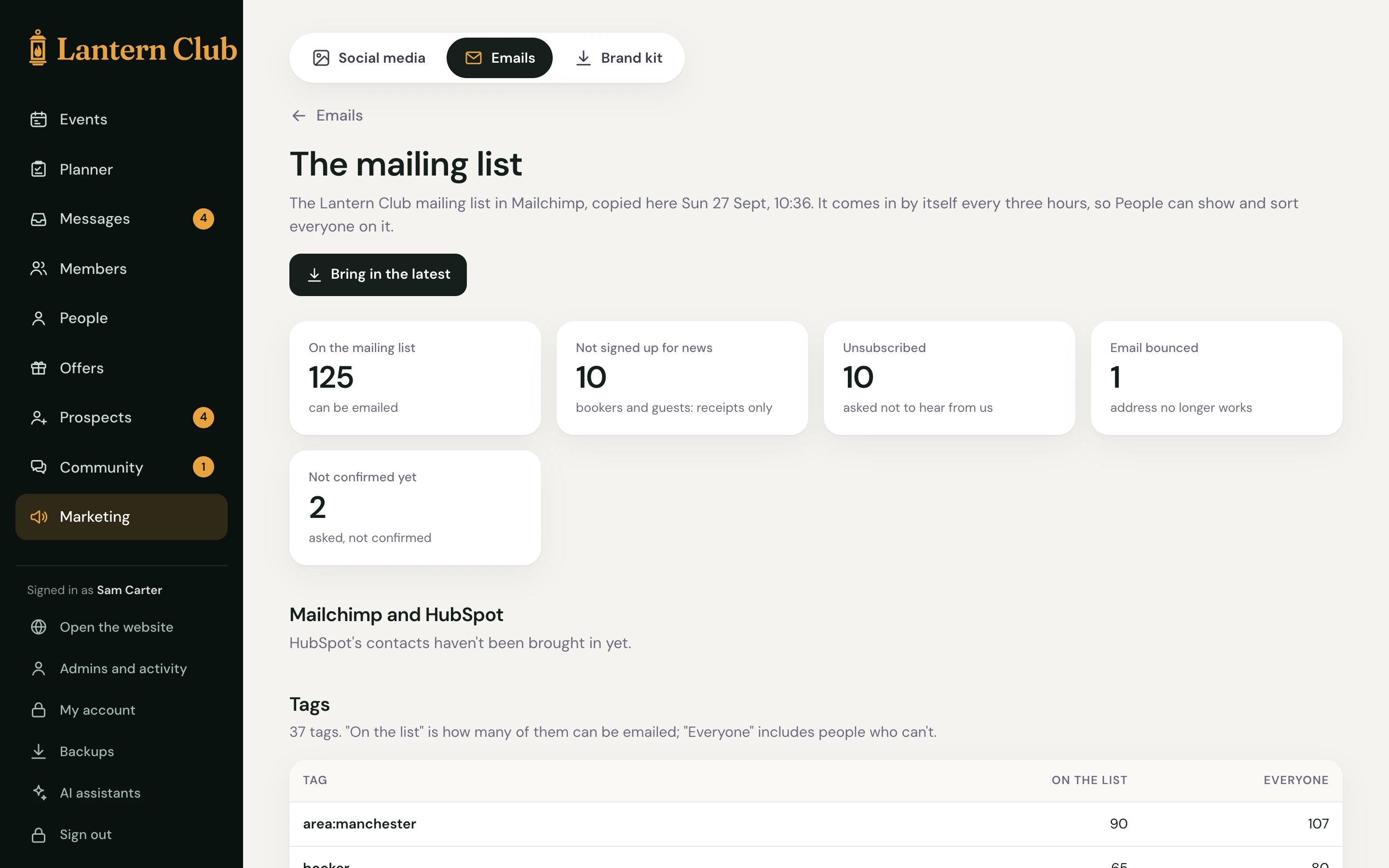 The mailing list page: how many people can be emailed, who has unsubscribed, and the Mailchimp tags