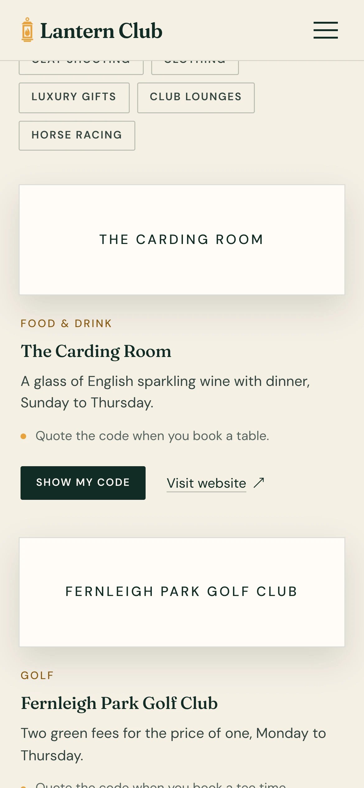 Member offers from partner venues on a phone, each with a button to show the member’s code