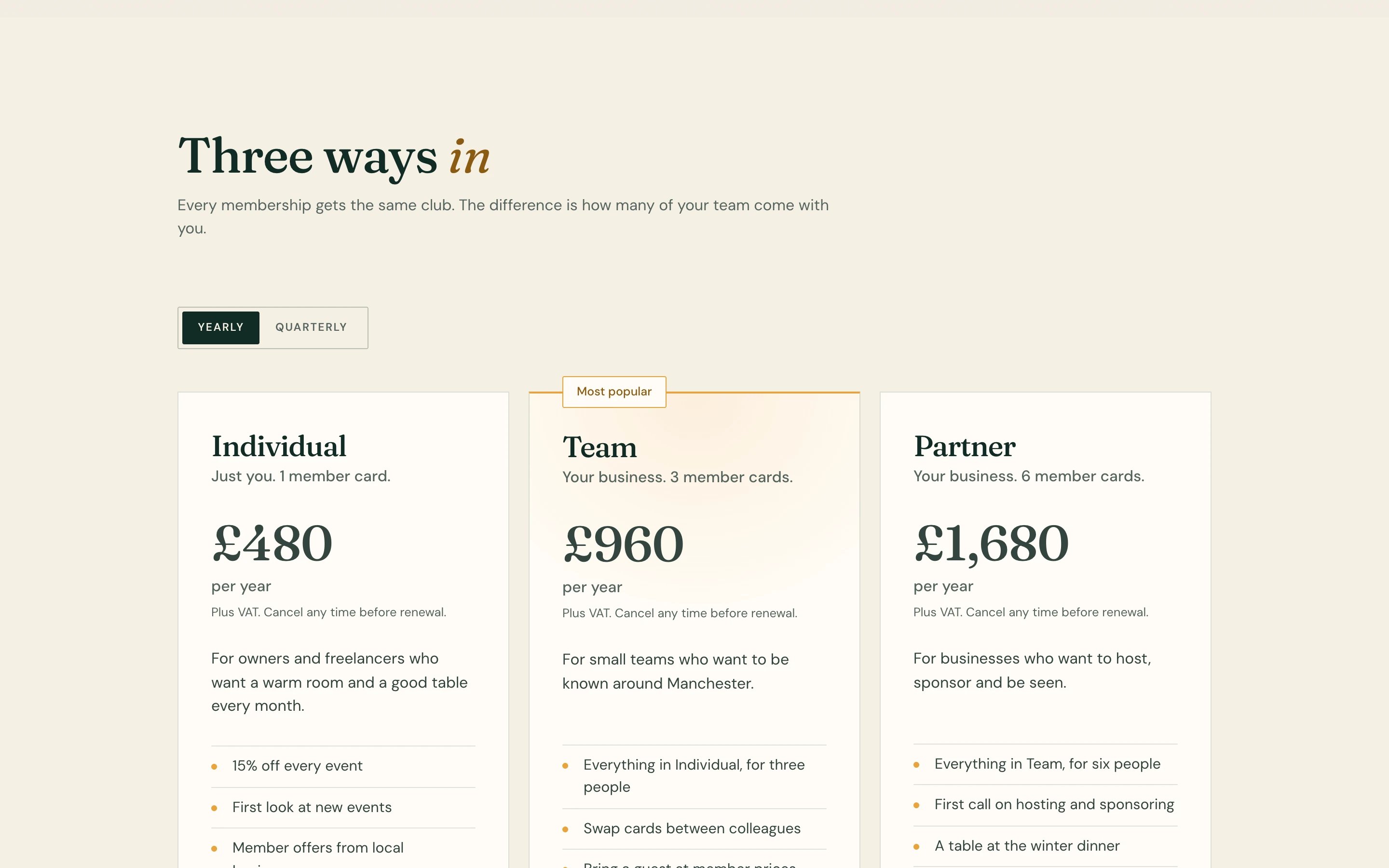 The Lantern Club’s membership page, with its three tiers and a switch between yearly and quarterly prices