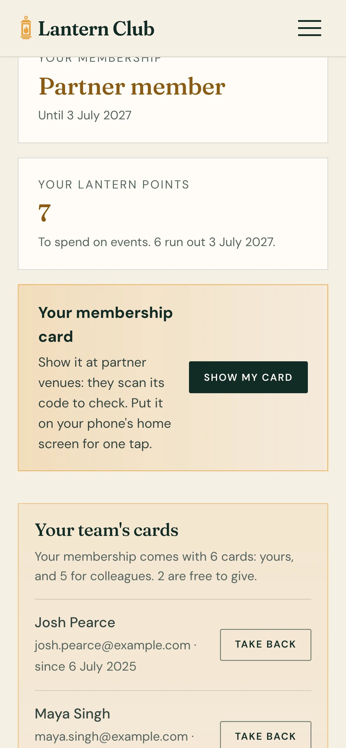 A member’s page on a phone: their membership, their points to spend on events, and the cards they give to colleagues